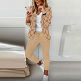 Autumn Winter Fashion Printed Long Sleeve Casual Blazer Pants Career Women Two Piece Suit