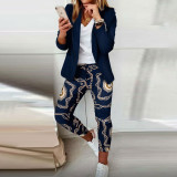 Autumn Winter Fashion Printed Long Sleeve Casual Blazer Pants Career Women Two Piece Suit