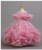 Girls' mesh print puffy skirt princess dress