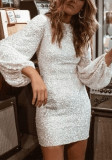 Spring Women's Fashion Round Neck Lantern Long Sleeve Sequin Dress
