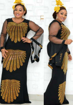 African Fashion Mesh Bell Bottom Sleeve Beaded Fishtail Plus Size Long Dress