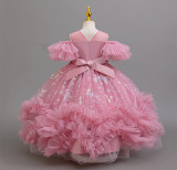 Girls' mesh print puffy skirt princess dress