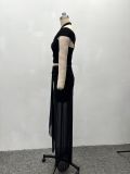 Fashion Women Sexy Halter One Shoulder Strapless Top Slit Skirt Two-Piece Set