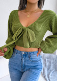 Fashion Autumn Winter Fashion Bowknot V-Neck Lantern Sleeve Crop Sweater