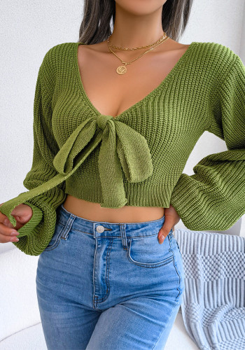 Fashion Autumn Winter Fashion Bowknot V-Neck Lantern Sleeve Crop Sweater