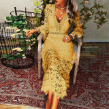 Autumn Women Sexy See-Through Lace Long-Sleeved V-Neck Long-Sleeved Dress