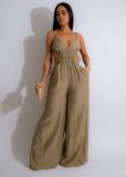 Pure Color Women's Fashionable Strap Low Back Wide Leg Jumpsuit