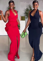 Elegant Women Flower Halter Slit Long Dress