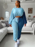 Women's Autumn Winter Casual Round Neck Long Sleeve Top Elastic Waist Drawstring Pants Contrast Color Sports Two Piece Tracksuit