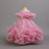 Girls' mesh print puffy skirt princess dress