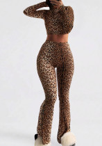 Women's Fall Leopard Print Round Neck Crop Long Sleeve Top High Waist Pants Two-Piece Set Women's Fall Leopard Print Round Neck Crop Long Sleeve Top High Waist Pants Two-Piece Set