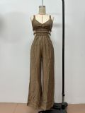 Pure Color Women's Fashionable Strap Low Back Wide Leg Jumpsuit