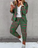 Autumn Winter Fashion Printed Long Sleeve Casual Blazer Pants Career Women Two Piece Suit