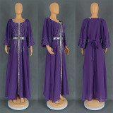Women's Beaded Chiffon Puff Sleeve Dress With Belt