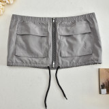 Women's Summer Strapless Zipper Crop Lace-Up Sexy Top