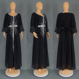 Women's Beaded Chiffon Puff Sleeve Dress With Belt