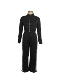 Women Autumn Striped Zipper Casual Top and Pant Set