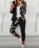 Autumn Winter Fashion Printed Long Sleeve Casual Blazer Pants Career Women Two Piece Suit