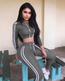 Women Elastic Hooded Drawstring Top and Trousers Casual Two Piece Set
