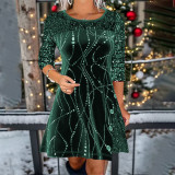 Autumn Winter Solid Color Round Neck Long Sleeve Sequin Patchwork A-Line Dress