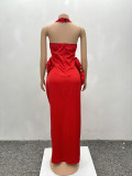 Elegant Women Flower Halter Slit Long Dress