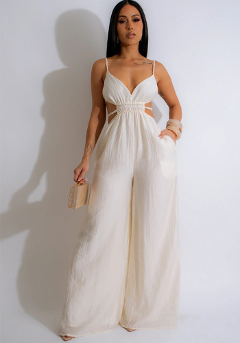 Pure Color Women's Fashionable Strap Low Back Wide Leg Jumpsuit