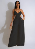 Pure Color Women's Fashionable Strap Low Back Wide Leg Jumpsuit