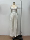 Pure Color Women's Fashionable Strap Low Back Wide Leg Jumpsuit