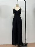 Pure Color Women's Fashionable Strap Low Back Wide Leg Jumpsuit