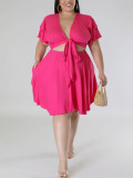 Plus Size Women Ruffle Sleeve Lace Pocket V-Neck Top and Skirt Set