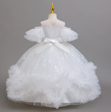Girls' mesh print puffy skirt princess dress