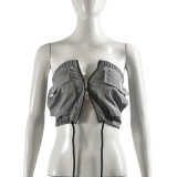 Women's Summer Strapless Zipper Crop Lace-Up Sexy Top