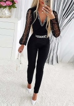 Autumn Women's Solid Color V-Neck Long Sleeve Beaded High Waist Casual Jumpsuit Autumn Women's Solid Color V-Neck Long Sleeve Beaded High Waist Casual Jumpsuit