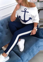 Women Navy Anchor Print Short Sleeve T-Shirt And Pants 2-Piece Set Women Navy Anchor Print Short Sleeve T-Shirt And Pants 2-Piece Set