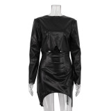 Women pu-Leather Round Neck long-sleeved Top irregular Bodycon Skirt two-piece set