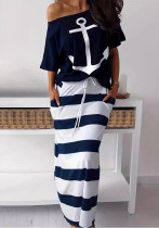 Women Off Shoulder Anchor Letter Top and Skirt 2-Piece Set