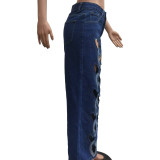 Women Stretchy Hollow Embroidery Heart Print Denim Pants