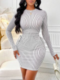 Women Long Sleeve Sexy Open Waist Lace-Up Striped Bodycon Dress