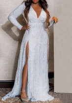 Women Sexy Slit Solid Sequin Maxi Dress