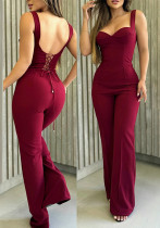 Women Red Sexy Suspender Lace-Up Bell Bottom Jumpsuit Women Red Sexy Suspender Lace-Up Bell Bottom Jumpsuit