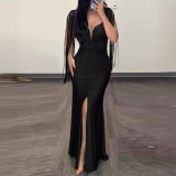 Women Sequin Round Neck Split Tassel Pleated Bodycon Sexy Dress