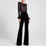 Women Casual Gold Velvet Patchwork Long Sleeve Jumpsuit