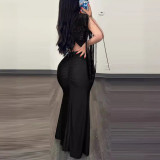 Women Sequin Round Neck Split Tassel Pleated Bodycon Sexy Dress