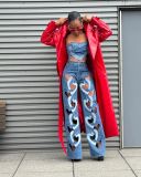 Women Stretchy Hollow Embroidery Heart Print Denim Pants