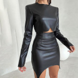 Women pu-Leather Round Neck long-sleeved Top irregular Bodycon Skirt two-piece set