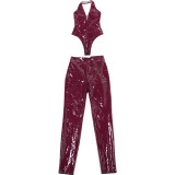 Women Sexy Pu Leather Halter Neck Backless Suspender Zipper Top and Pants Two-Piece Set