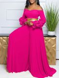 Women Off Shoulder ruffle sleeve solid pleated wide-leg jumpsuit