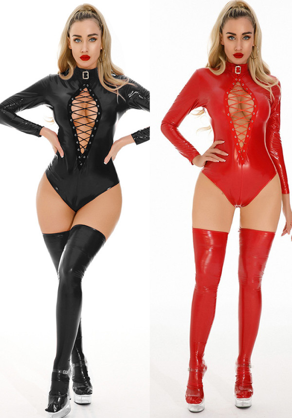 Women Jumpsuit Zipper Stretch pu-Leather Sexy Lingerie