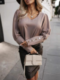 Women autumn long-sleeved button Solidv-neck shirt