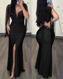 Women Sequin Round Neck Split Tassel Pleated Bodycon Sexy Dress